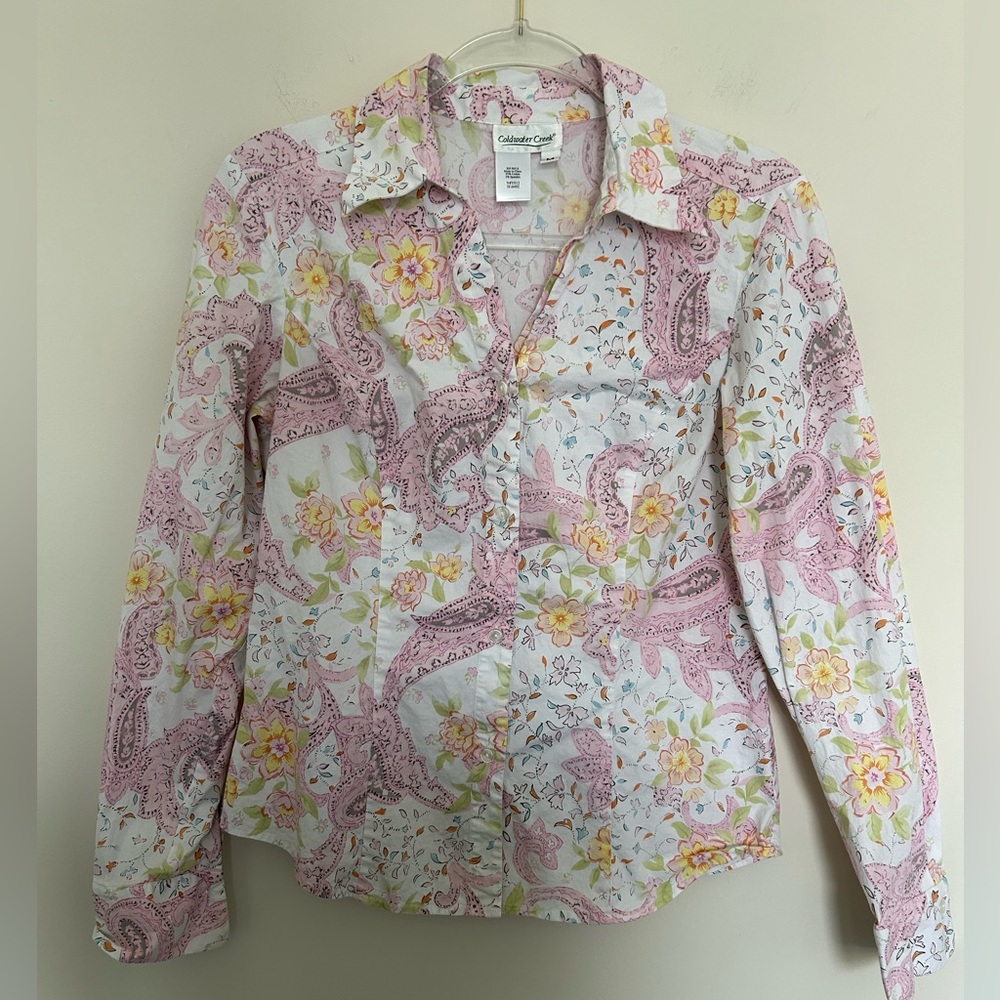 Coldwater‎ Creek Pink Flora Paisley Long Sleeve Button Shirt Cotton Medium